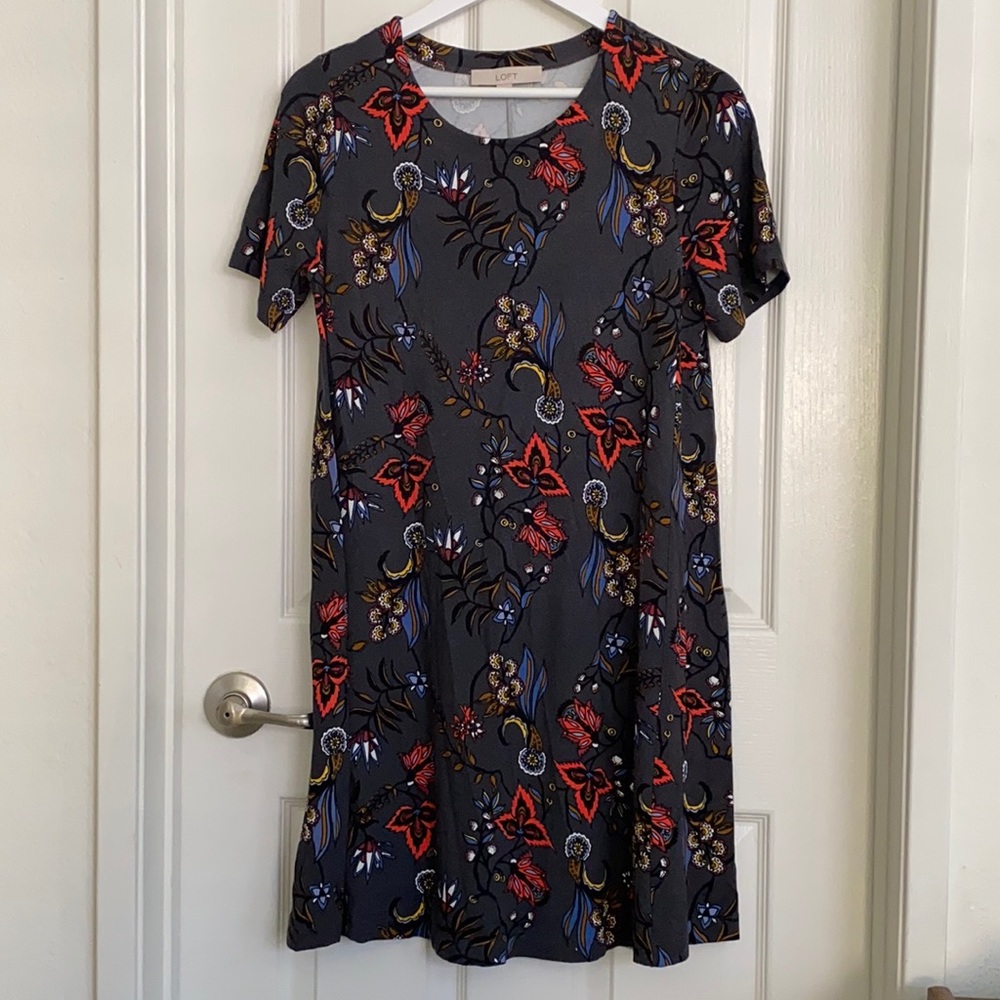 LOFT Floral Print Dress - Gray, Red, Blue